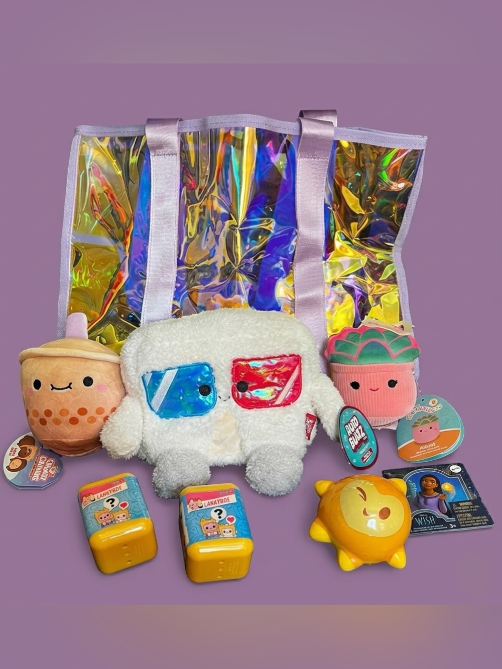 Kawaii Plush and Mystery Toy Collector Bundle with Iridescent Tote